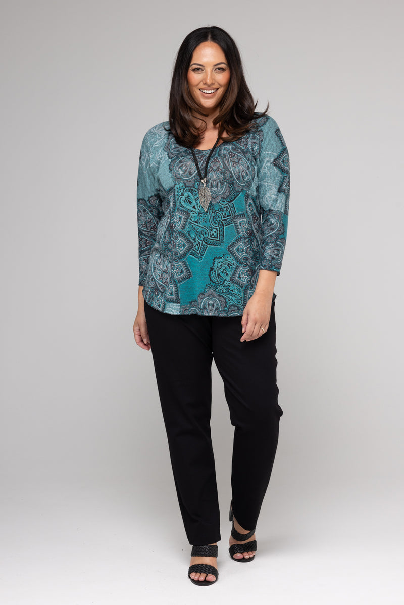 Mandala Print 3/4 Sleeve Jersey Top