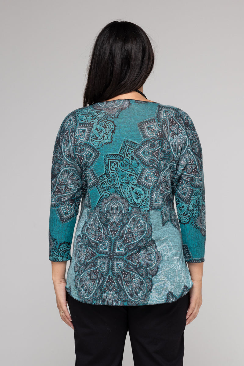 Mandala Print 3/4 Sleeve Jersey Top