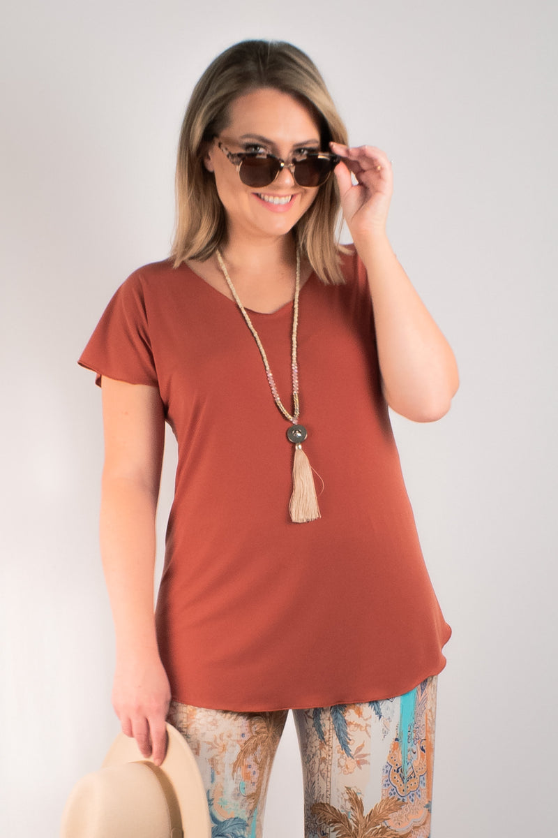 Rust Microfibre Jersey Short Sleeve Top